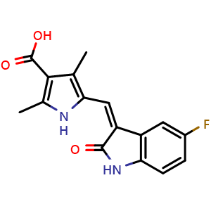 Chemical structure of (Z)-5-((5-fluoro-2-oxoindolin-3-ylidene)methyl)-2,4-dimethyl-1H-pyrrole-3-carboxylic acid , CAS 356068-93-4, AChemBlock W168549
