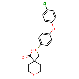 Chemical structure of 4-((4-(4-Chlorophenoxy)phenylthio)methyl)tetrahydro-2H-pyran-4-carboxylic acid , CAS 193021-78-2, AChemBlock W168552