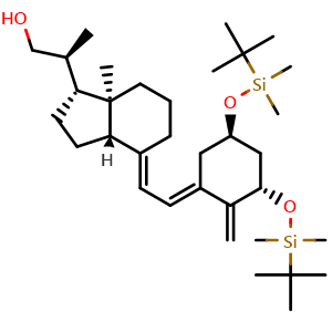 Chemical structure of (S)-2-((1R,3aS,7aR,E)-4-((E)-2-((3S,5R)-3,5-Bis(tert-butyldimethylsilyloxy)-2-methylenecyclohexylidene)ethylidene)-7a-methyloctahydro-1H-inden-1-yl)propan-1-ol , CAS 128387-35-9, AChemBlock W168561