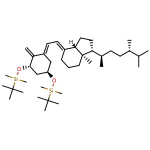 Chemical structure of ((1R,3S,E)-5-((E)-2-((1R,3aS,7aR)-1-((2R,5S)-5,6-dimethylheptan-2-yl)-7a-methyldihydro-1H-inden-4(2H,5H,6H,7H,7aH)-ylidene)ethylidene)-4-methylenecyclohexane-1,3-diyl)bis(oxy)bis(tert-butyldimethylsilane) , CAS 2229745-37-1, AChemBlock W168572