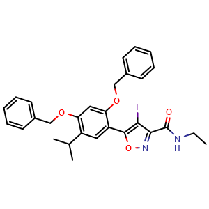 Chemical structure of 5-(2,4-bis(benzyloxy)-5-isopropylphenyl)-N-ethyl-4-iodoisoxazole-3-carboxamide , CAS 747414-22-8, AChemBlock W168575