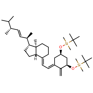 Chemical structure of ((1R,3R,E)-5-((E)-2-((1R,3aS,7aR)-1-((2R,5R,E)-5,6-dimethylhept-3-en-2-yl)-7a-methyldihydro-1H-inden-4(2H,5H,6H,7H,7aH)-ylidene)ethylidene)-4-methylenecyclohexane-1,3-diyl)bis(oxy)bis(tert-butyldimethylsilane) , CAS 115540-28-8, AChemBlock W168576