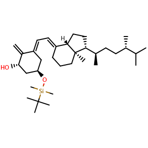 Chemical structure of (1S,5R,E)-5-(tert-butyldimethylsilyloxy)-3-((E)-2-((1R,3aS,7aR)-1-((2R,5S)-5,6-dimethylheptan-2-yl)-7a-methyldihydro-1H-inden-4(2H,5H,6H,7H,7aH)-ylidene)ethylidene)-2-methylenecyclohexanol , CAS 2229745-35-9, AChemBlock W168577