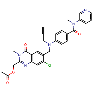 Chemical structure of (7-Chloro-3-methyl-4-oxo-6-((prop-2-ynyl(4-(pyridin-3-ylmethylcarbamoyl)phenyl)amino)methyl)-3,4-dihydroquinazolin-2-yl)methyl acetate , CAS 1258400-23-5, AChemBlock W168582