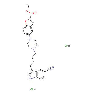 Chemical structure of Ethyl 5-(4-(4-(5-cyano-1H-indol-3-yl)butyl)piperazin-1-yl)benzofuran-2-carboxylate dihydrochloride , CAS 163521-09-3, AChemBlock W168588