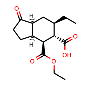 Chemical structure of rel-(3aS,4S,5S,6R,7aS)-4-(ethoxycarbonyl)-6-ethyl-1-oxooctahydro-1H-indene-5-carboxylic acid , CAS 130274-13-4, AChemBlock W168594