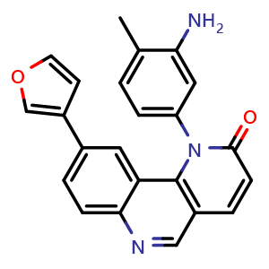 Chemical structure of 1-(3-amino-4-methylphenyl)-9-(furan-3-yl)benzo[h][1,6]naphthyridin-2(1H)-one , CAS 1415564-67-8, AChemBlock W168596