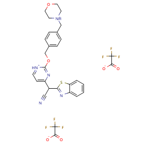 Chemical structure of 4-(4-((4-(Benzo[d]thiazol-2-yl(cyano)methyl)pyrimidin-1-ium-2-yloxy)methyl)benzyl)morpholin-4-ium (2,2,2-trifluoroacetate) , CAS 2459963-08-5, AChemBlock W168601
