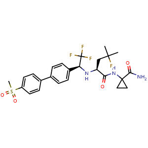 Chemical structure of 1-((S)-4-fluoro-4-methyl-2-((S)-2,2,2-trifluoro-1-(4'-(methylsulfonyl)biphenyl-4-yl)ethylamino)pentanamido)cyclopropanecarboxamide , CAS 2803402-13-1, AChemBlock W168603