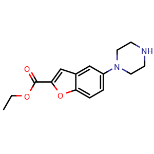 Chemical structure of Ethyl 5-(piperazin-1-yl)benzofuran-2-carboxylate , CAS 163521-20-8, AChemBlock W168605