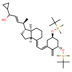 Chemical structure of (4R,E)-4-((1R,3aS,7aR,E)-4-((E)-2-((3S,5R)-3,5-bis((tert-butyldimethylsilyl)oxy)-2-methylenecyclohexylidene)ethylidene)-7a-methyloctahydro-1H-inden-1-yl)-1-cyclopropylpent-2-en-1-ol , CAS 565429-94-9, AChemBlock W168606