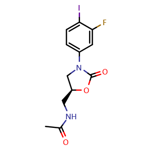 Chemical structure of (S)-N-[3-(3-Fluoro-4-iodo-phenyl)-2-oxo-oxazolidin-5-ylmethyl]-acetamide , CAS 149524-45-8, AChemBlock W168620