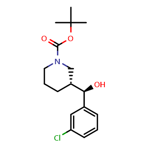 Chemical structure of tert-Butyl (R)-3-((R)-(3-chlorophenyl)(hydroxy)methyl)piperidine-1-carboxylate , CAS 942142-74-7, AChemBlock W168658