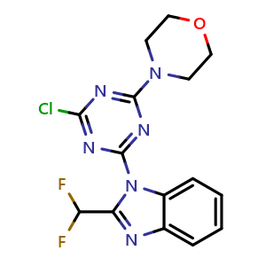 Chemical structure of 4-(4-Chloro-6-(2-(difluoromethyl)-1H-benzo[d]imidazol-1-yl)-1,3,5-triazin-2-yl)morpholine , CAS 475111-38-7, AChemBlock W168691