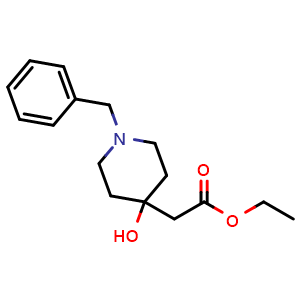 Chemical structure of Ethyl 2-(1-benzyl-4-hydroxypiperidin-4-yl)acetate , CAS 67281-07-6, AChemBlock W168695