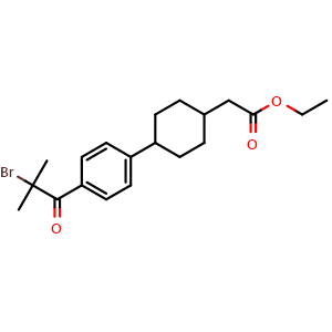 Chemical structure of Ethyl 2-(4-(4-(2-bromo-2-methylpropanoyl)phenyl)cyclohexyl)acetate , CAS 701232-18-0, AChemBlock W168699