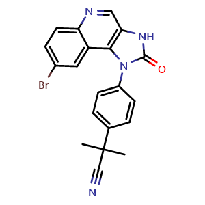Chemical structure of 2-[4-(8-Bromo-2-oxo-2,3-dihydroimidazo[4,5-c]quinolin-1-yl)phenyl]-2-methylpropionitrile , CAS 915019-53-3, AChemBlock W168704
