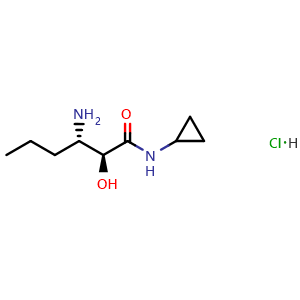 Chemical structure of (2S,3S)-3-Amino-N-cyclopropyl-2-hydroxyhexanamide hydrochloride , CAS 944716-73-8, AChemBlock W168737