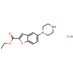 Chemical structure of Ethyl 5-(piperazin-1-yl)benzofuran-2-carboxylate hydrochloride , CAS 765935-67-9, AChemBlock W168738