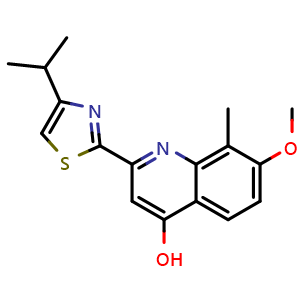 Chemical structure of 2-(4-Isopropylthiazol-2-yl)-7-methoxy-8-methylquinolin-4-ol , CAS 923289-21-8, AChemBlock W168746