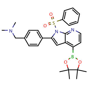Chemical structure of N,N-dimethyl-1-(4-(1-(phenylsulfonyl)-4-(4,4,5,5-tetramethyl-1,3,2-dioxaborolan-2-yl)-1H-pyrrolo[2,3-b]pyridin-2-yl)phenyl)methanamine , CAS 942919-72-4, AChemBlock W168786