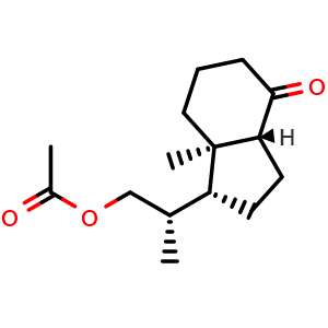 Chemical structure of (S)-2-((1R,3aR,7aR)-7a-methyl-4-oxooctahydro-1H-inden-1-yl)propyl acetate , CAS 141411-00-9, AChemBlock W168792