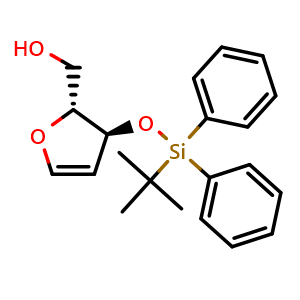 Chemical structure of ((2R,3S)-3-(tert-butyldiphenylsilyloxy)-2,3-dihydrofuran-2-yl)methanol , CAS 130277-32-6, AChemBlock W168797