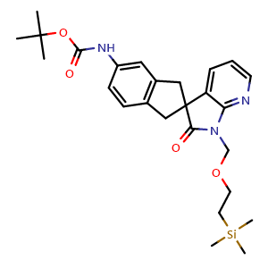 Chemical structure of tert-Butyl 2'-oxo-1'-((2-(trimethylsilyl)ethoxy)methyl)-1,1',2',3-tetrahydrospiro[indene-2,3'-pyrrolo[2,3-b]pyridine]-5-ylcarbamate , CAS 1033608-31-9, AChemBlock W168823