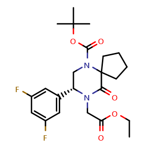 Chemical structure of (R)-tert-butyl 8-(3,5-difluorophenyl)-9-(2-ethoxy-2-oxoethyl)-10-oxo-6,9-diazaspiro[4 5]decane-6-carboxylate , CAS 957122-11-1, AChemBlock W168825