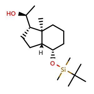 Chemical structure of (S)-1-((1S,3aR,4S,7aR)-4-((tert-Butyldimethylsilyl)oxy)-7a-methyloctahydro-1H-inden-1-yl)ethan-1-ol , CAS 147725-62-0, AChemBlock W168826