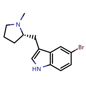 Chemical structure of (S)-5-bromo-3-((1-methylpyrrolidin-2-yl)methyl)-1H-indole , CAS 208464-41-9, AChemBlock W168827