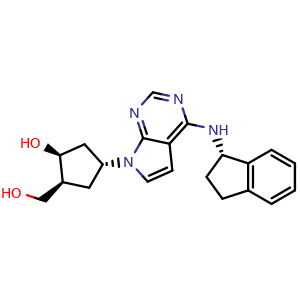 Chemical structure of (1S,2S,4R)-4-(4-((S)-2,3-dihydro-1H-inden-1-ylamino)-7H-pyrrolo[2,3-d]pyrimidin-7-yl)-2-(hydroxymethyl)cyclopentanol , CAS 905580-90-7, AChemBlock W168843