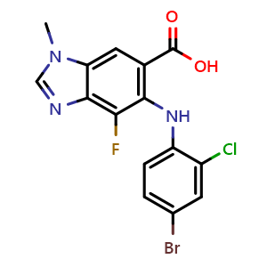 Chemical structure of 5-((4-Bromo-2-chlorophenyl)amino)-4-fluoro-1-methyl-1H-benzo[d]imidazole-6-carboxylic acid , CAS 606144-04-1, AChemBlock W168852