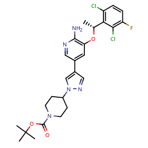Chemical structure of (R)-tert-butyl 4-(4-(6-amino-5-(1-(2,6-dichloro-3-fluorophenyl)ethoxy)pyridin-3-yl)-1H-pyrazol-1-yl)piperidine-1-carboxylate , CAS 877399-51-4, AChemBlock W168853