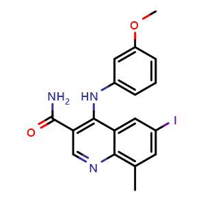 Chemical structure of 6-Iodo-4-(3-methoxyphenylamino)-8-methylquinoline-3-carboxamide , CAS 807325-83-3, AChemBlock W168863