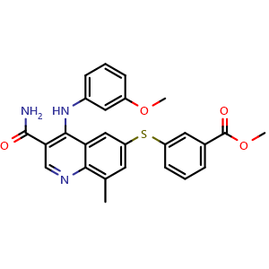 Chemical structure of Methyl 3-(3-carbamoyl-4-(3-methoxyphenylamino)-8-methylquinolin-6-ylthio)benzoate , CAS 801316-10-9, AChemBlock W168864