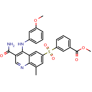 Chemical structure of Methyl 3-(3-carbamoyl-4-(3-methoxyphenylamino)-8-methylquinolin-6-ylsulfonyl)benzoate , CAS 801311-24-0, AChemBlock W168865