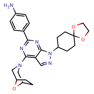 Chemical structure of 4-(4-(8-Oxa-3-azabicyclo[3 2 1]octan-3-yl)-1-(1,4-dioxaspiro[4 5]decan-8-yl)-1H-pyrazolo[3,4-d]pyrimidin-6-yl)aniline , CAS 1144068-84-7, AChemBlock W168867