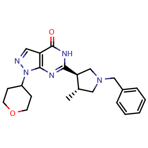Chemical structure of rel-6-((3R,4R)-1-benzyl-4-methylpyrrolidin-3-yl)-1-(tetrahydro-2H-pyran-4-yl)-1,5-dihydro-4H-pyrazolo[3,4-d]pyrimidin-4-one , CAS 1082743-69-8, AChemBlock W168873