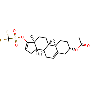 Chemical structure of (3S,8R,9S,10R,13S,14S)-10,13-dimethyl-17-(trifluoromethylsulfonyloxy)-2,3,4,7,8,9,10,11,12,13,14,15-dodecahydro-1H-cyclopenta[a]phenanthren-3-yl acetate , CAS 115375-60-5, AChemBlock W168876