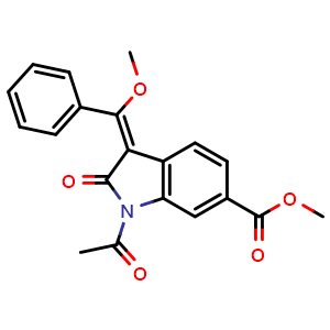 Chemical structure of Methyl (3E)-1-acetyl-3-[methoxy(phenyl)methylidene]-2-oxo-2,3-dihydro-1H-indole-6-carboxylate , CAS 1168152-07-5, AChemBlock W168883
