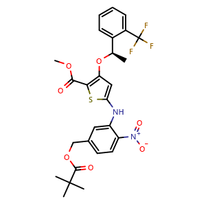 Chemical structure of (R)-methyl 5-(2-nitro-5-(pivaloyloxymethyl)phenylamino)-3-(1-(2-(trifluoromethyl)phenyl)ethoxy)thiophene-2-carboxylate , CAS 929095-36-3, AChemBlock W168905