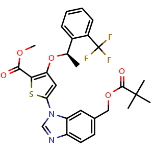 Chemical structure of (R)-methyl 5-(6-(pivaloyloxymethyl)-1H-benzo[d]imidazol-1-yl)-3-(1-(2-(trifluoromethyl)phenyl)ethoxy)thiophene-2-carboxylate , CAS 929095-38-5, AChemBlock W168906