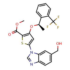 Chemical structure of (R)-methyl 5-(6-(hydroxymethyl)-1H-benzo[d]imidazol-1-yl)-3-(1-(2-(trifluoromethyl)phenyl)ethoxy)thiophene-2-carboxylate , CAS 929095-39-6, AChemBlock W168907