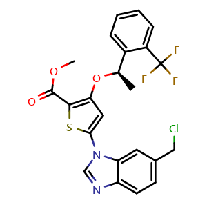 Chemical structure of (R)-methyl 5-(6-(chloromethyl)-1H-benzo[d]imidazol-1-yl)-3-(1-(2-(trifluoromethyl)phenyl)ethoxy)thiophene-2-carboxylate , CAS 929095-40-9, AChemBlock W168908