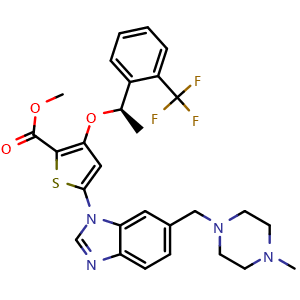 Chemical structure of (R)-methyl 5-(6-((4-methylpiperazin-1-yl)methyl)-1H-benzo[d]imidazol-1-yl)-3-(1-(2-(trifluoromethyl)phenyl)ethoxy)thiophene-2-carboxylate , CAS 929095-51-2, AChemBlock W168909