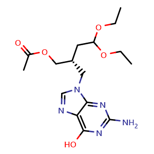 Chemical structure of (R)-2-((2-amino-6-hydroxy-9H-purin-9-yl)methyl)-4,4-diethoxybutyl acetate , CAS 1415566-34-5, AChemBlock W168924