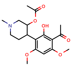 Chemical structure of 4-(3-Acetyl-2-hydroxy-4,6-dimethoxyphenyl)-1-methylpiperidin-3-yl acetate , CAS 1415564-91-8, AChemBlock W168925