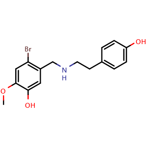 Chemical structure of 4-Bromo-5-((4-hydroxyphenethylamino)methyl)-2-methoxyphenol , CAS 179107-93-8, AChemBlock W168926