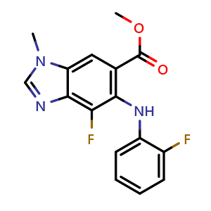 Chemical structure of Methyl 4-fluoro-5-((2-fluorophenyl)amino)-1-methyl-1H-benzo[d]imidazole-6-carboxylate , CAS 1415559-89-5, AChemBlock W168937